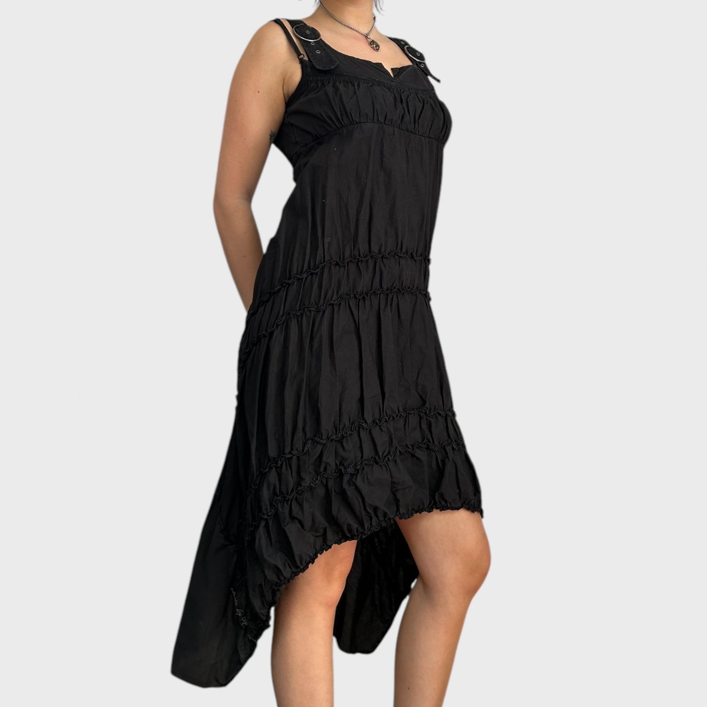 Cop Copine Black Archival Ruched Asymmetric Hem Midi Dress