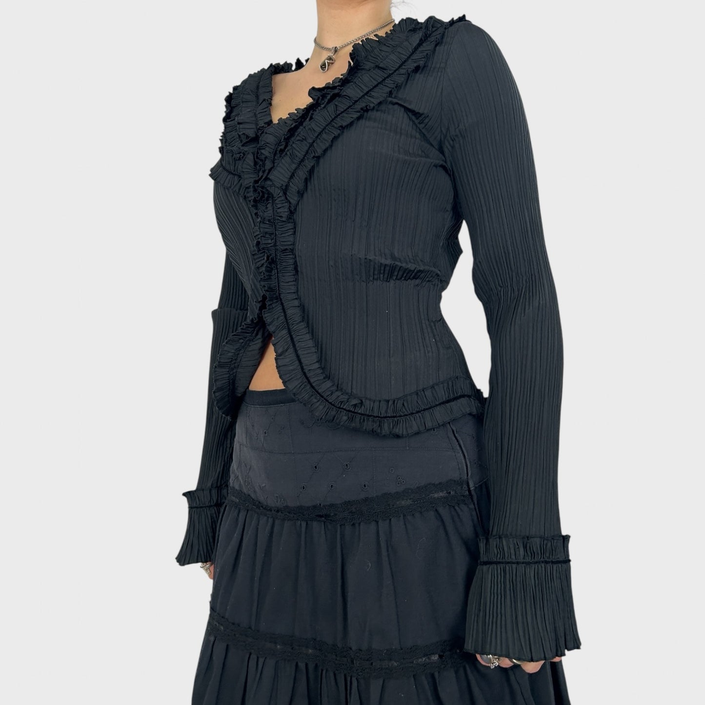 Vintage Black Crinkle Ruffle Blouse - M