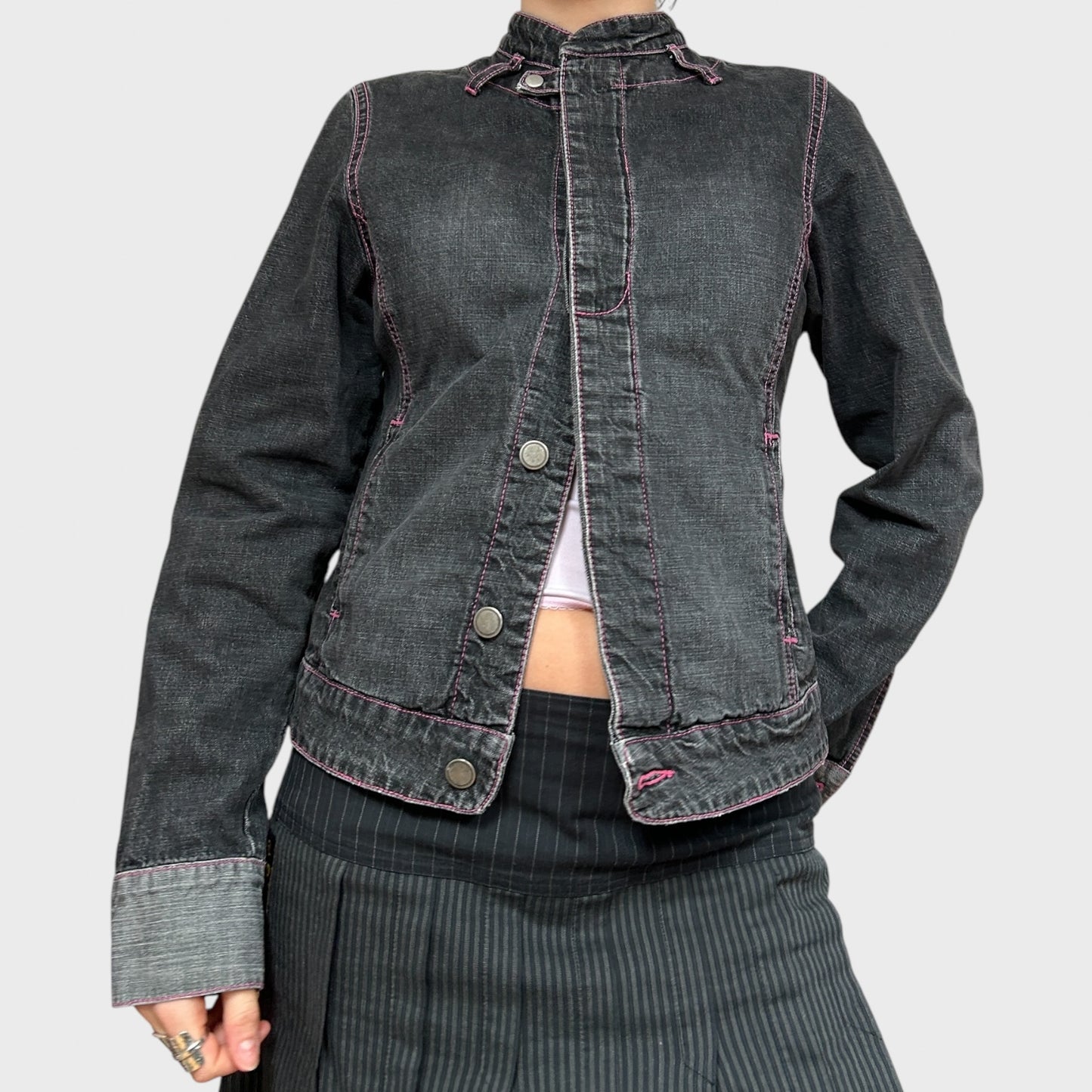 Dark Grey High Neck Denim Jacket