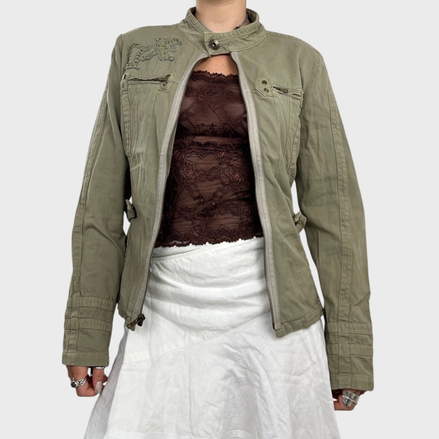 Khaki Utility-Style Zip-Up Jacket - M