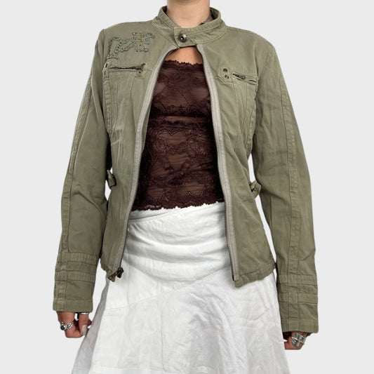 Khaki Utility-Style Zip-Up Jacket - M