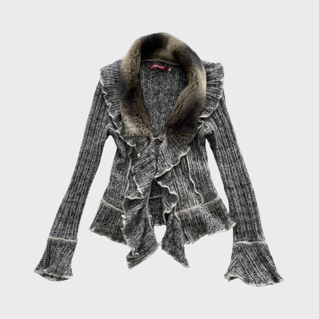 Grey frilly cardigan with faux fur trim