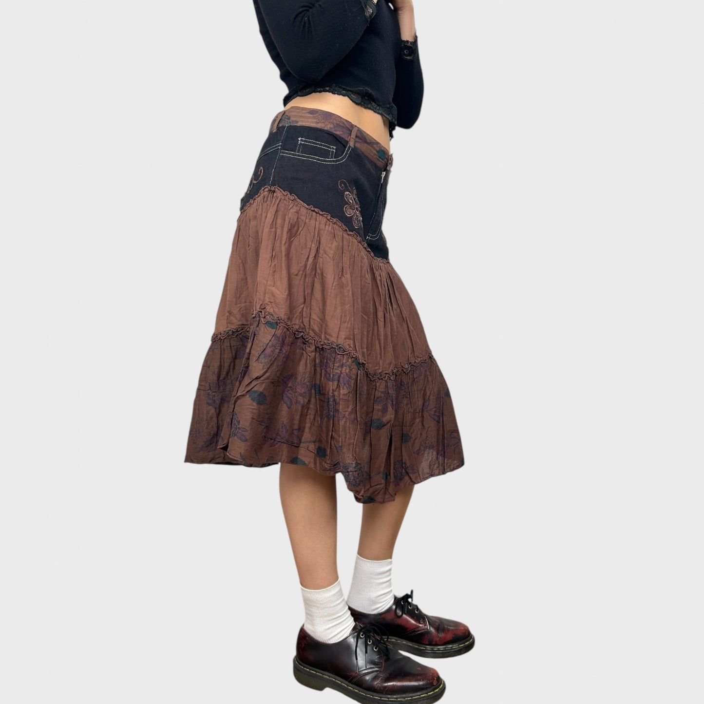 Brown Contrast Flower Midi Skirt - M/L