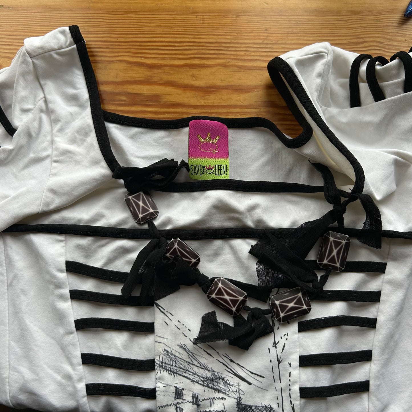 Save The Queen Monochrome Beaded Top - S