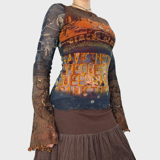 Save The Queen Graphic Mesh Long Sleeve Top - S/M