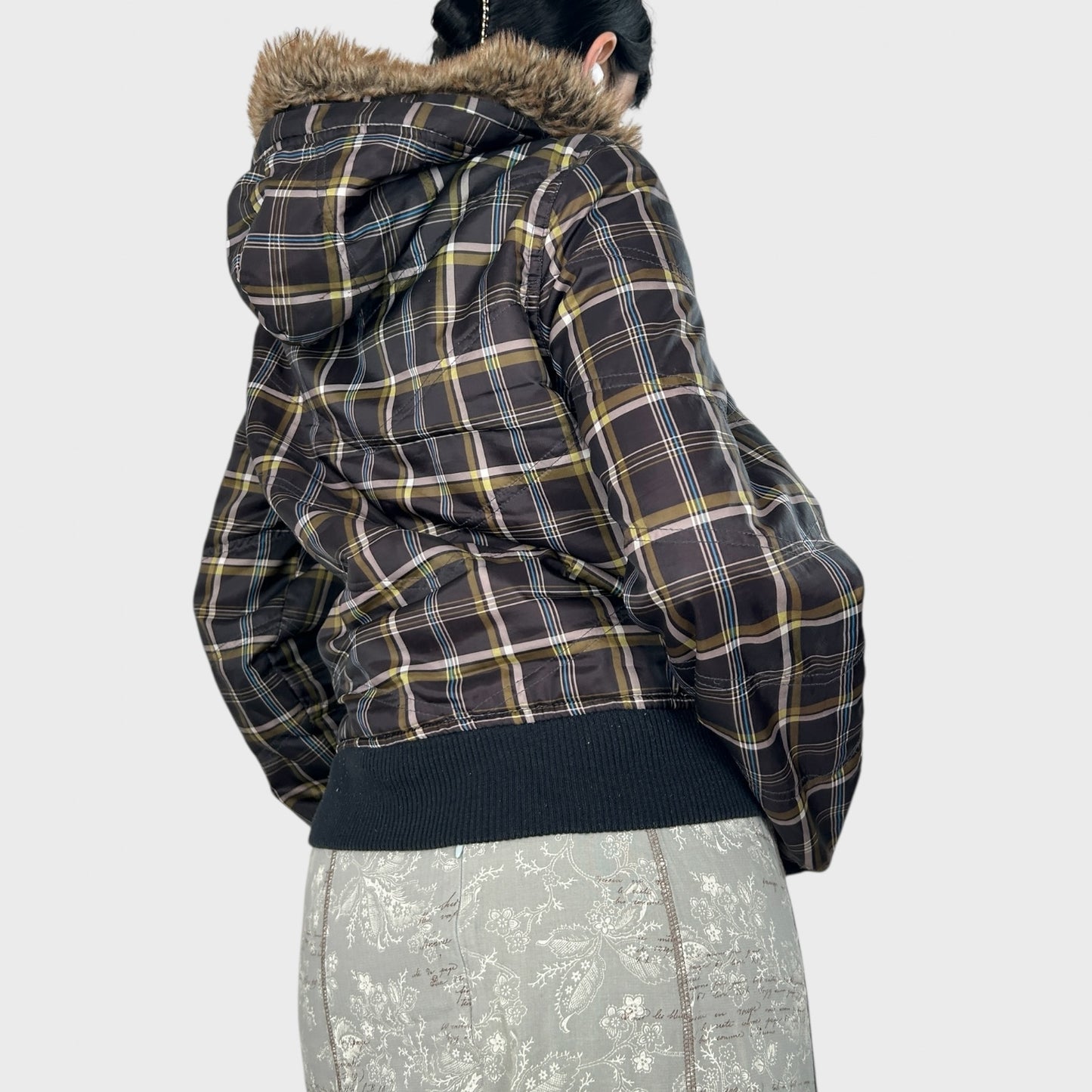 Vintage Checkered Bomber Jacket with Hood - M