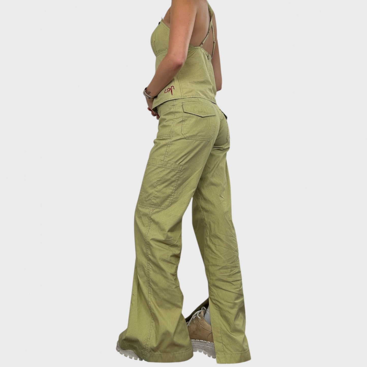 Cop Copine Green Striped Wide Leg Logo Trousers - M/L