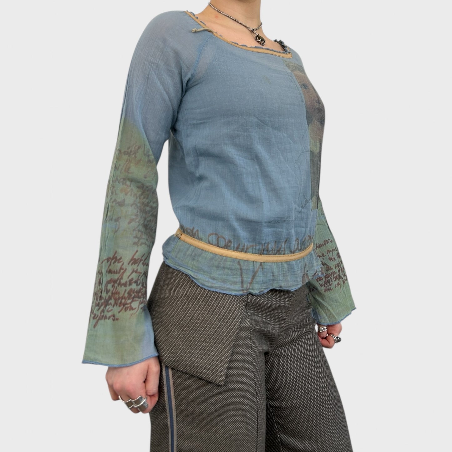 Cop Copine Blue Sheer Renaissance Portrait Print Top - S