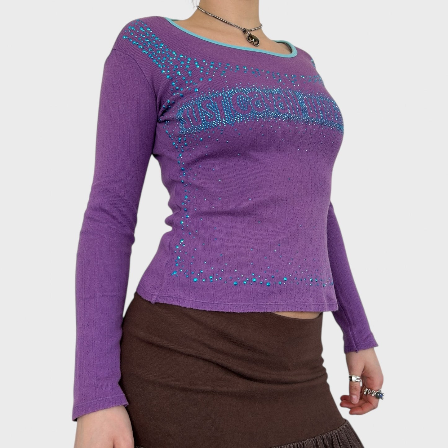 Roberto Cavalli Pointelle Knit Diamante Logo Top - S