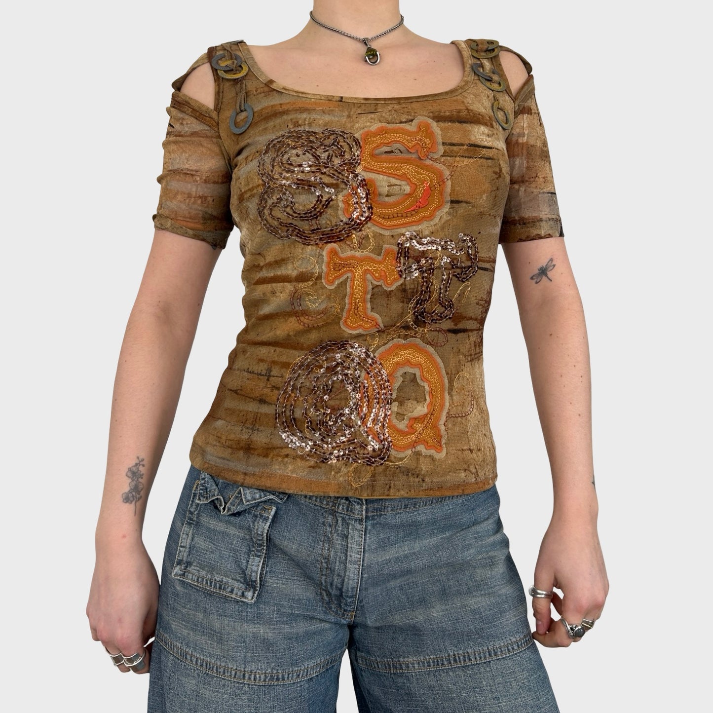 Save The Queen Graphic Mesh Top - S