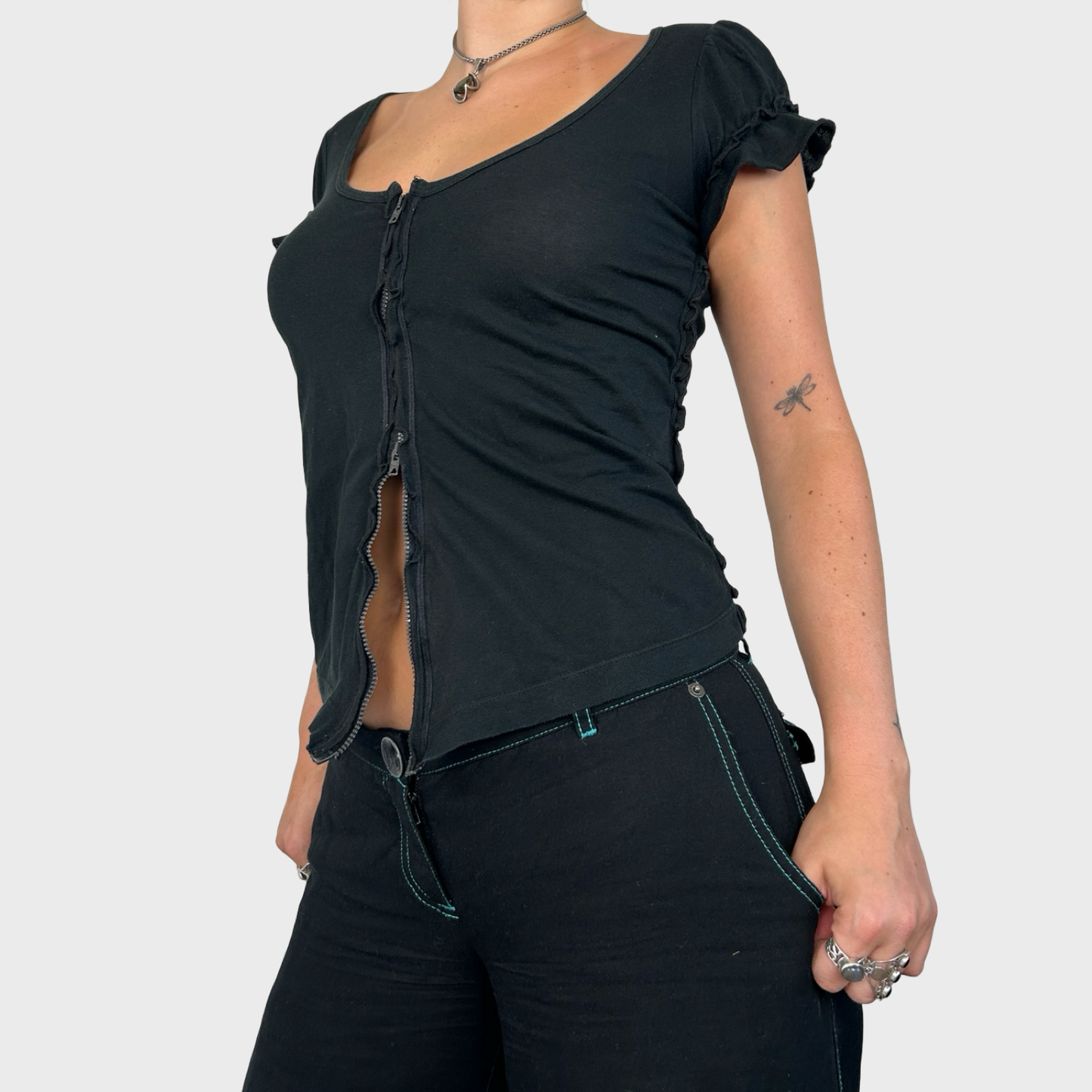 Cop Copine Black Ruched Double Zip Top - M