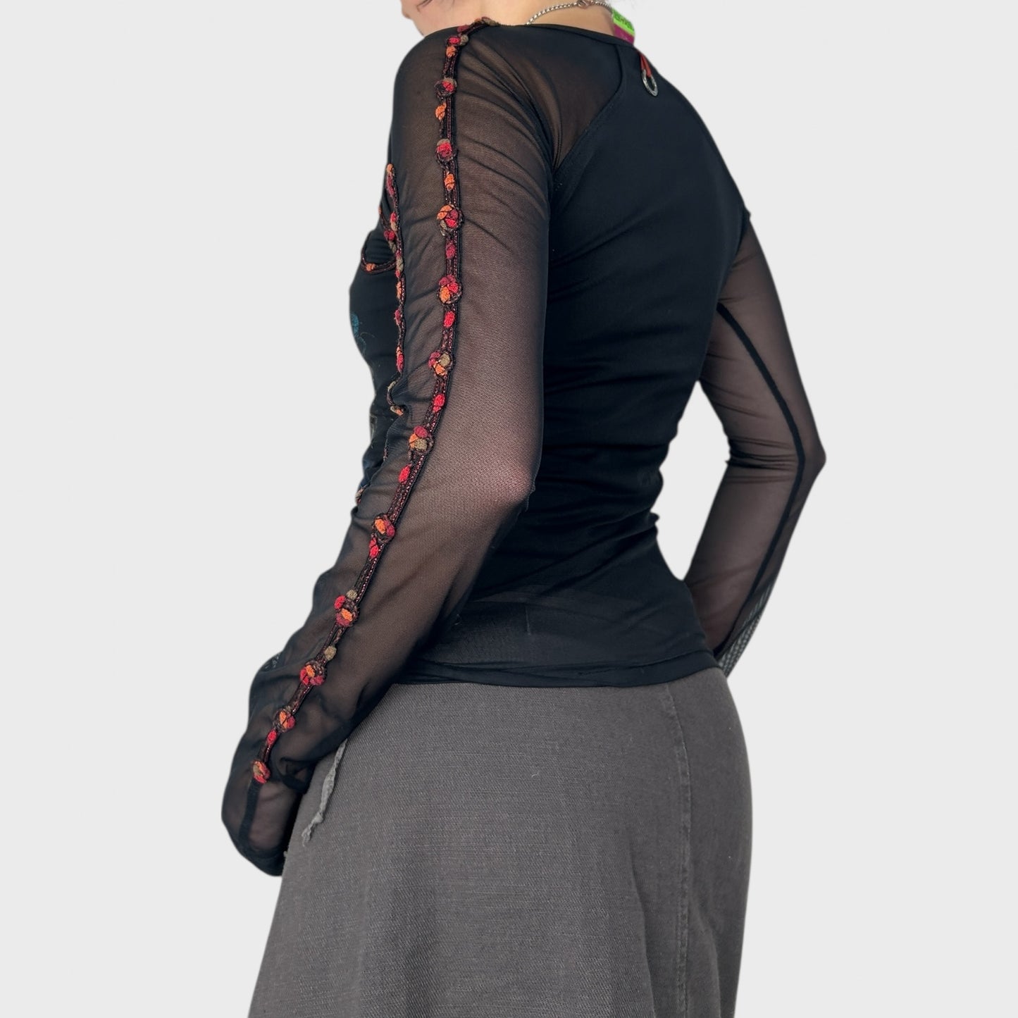 Save the Queen Black Graphic Mesh Long Sleeve Top - S