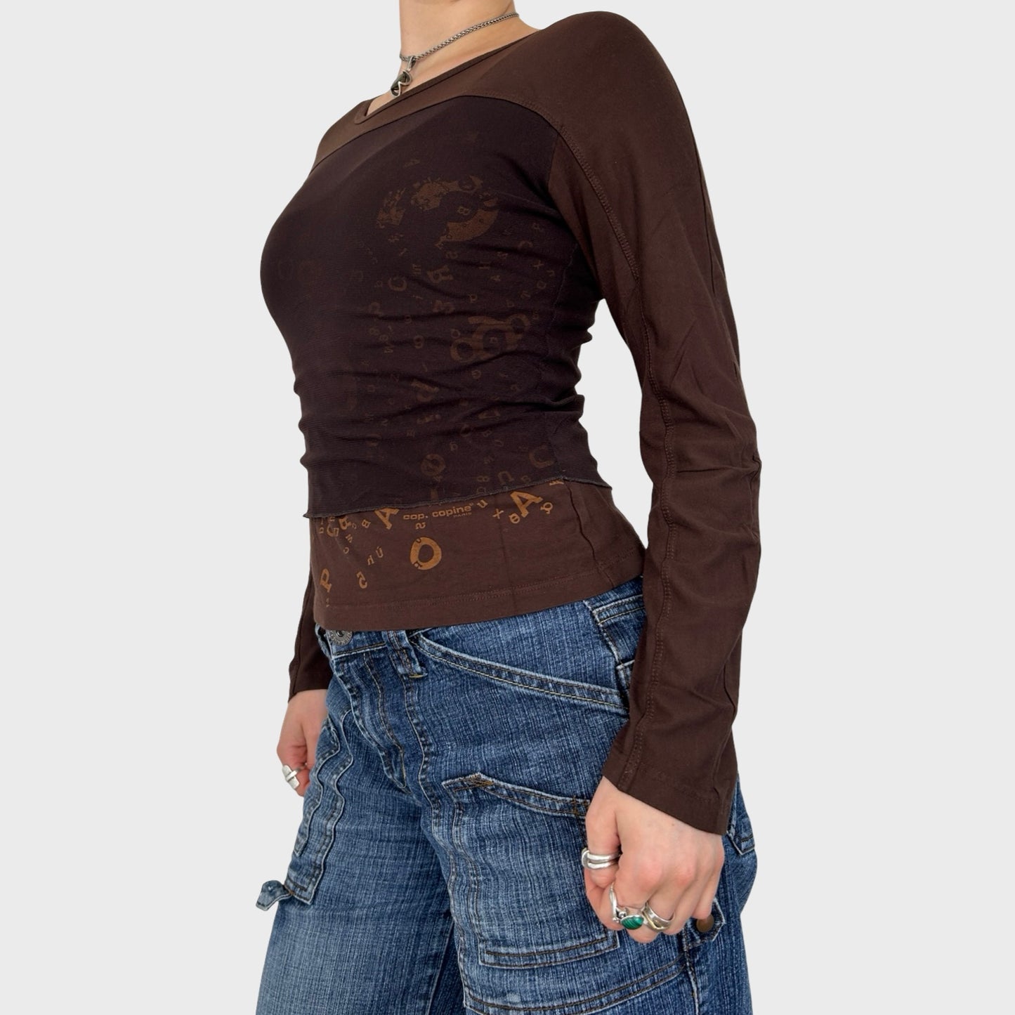 Cop Copine Brown Graphic Mesh Overlay Long Sleeve - S/M