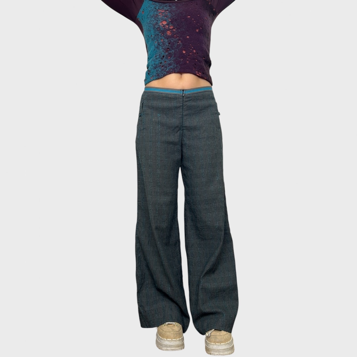 Cop Copine Grey and Blue Wide Leg Trousers - S/M