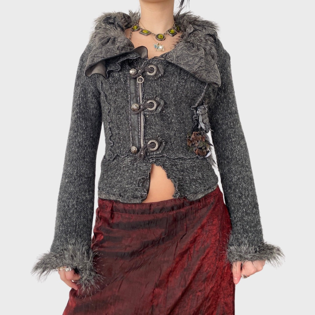 Whimsical goth grey faux fur collar knit cardigan
