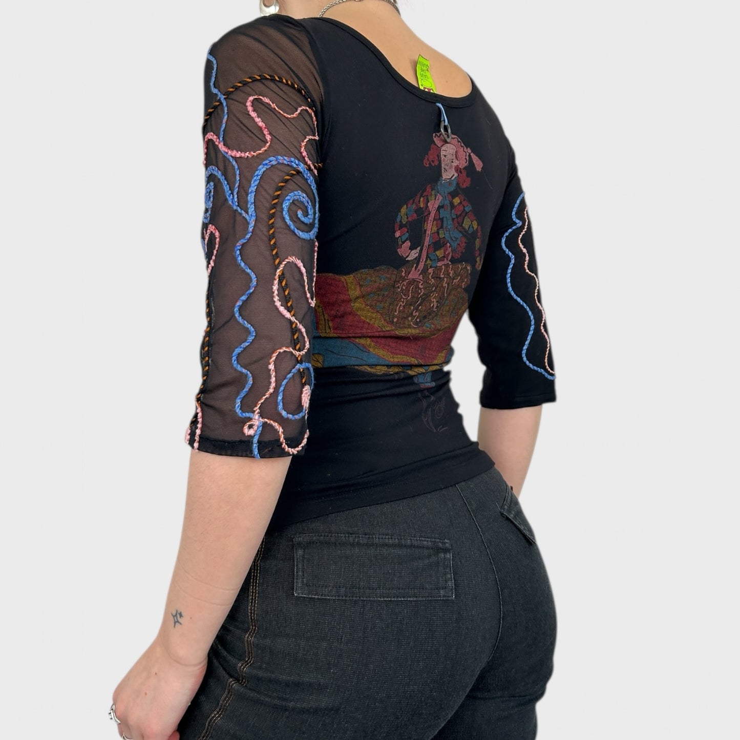 Save the Queen Black Bi-Material Mesh Swirl Top - S