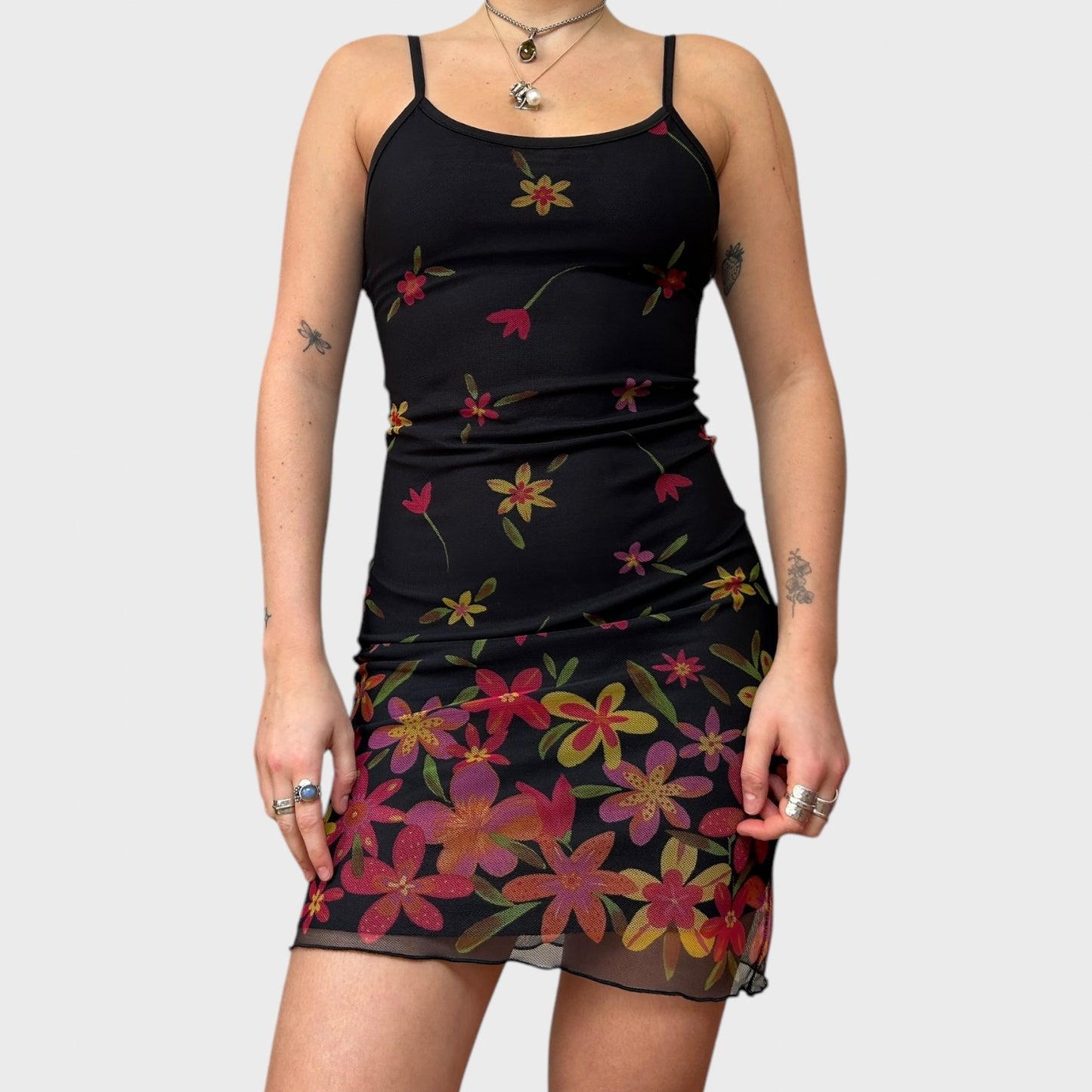90s Floral Mesh Overlay Black Mini Dress