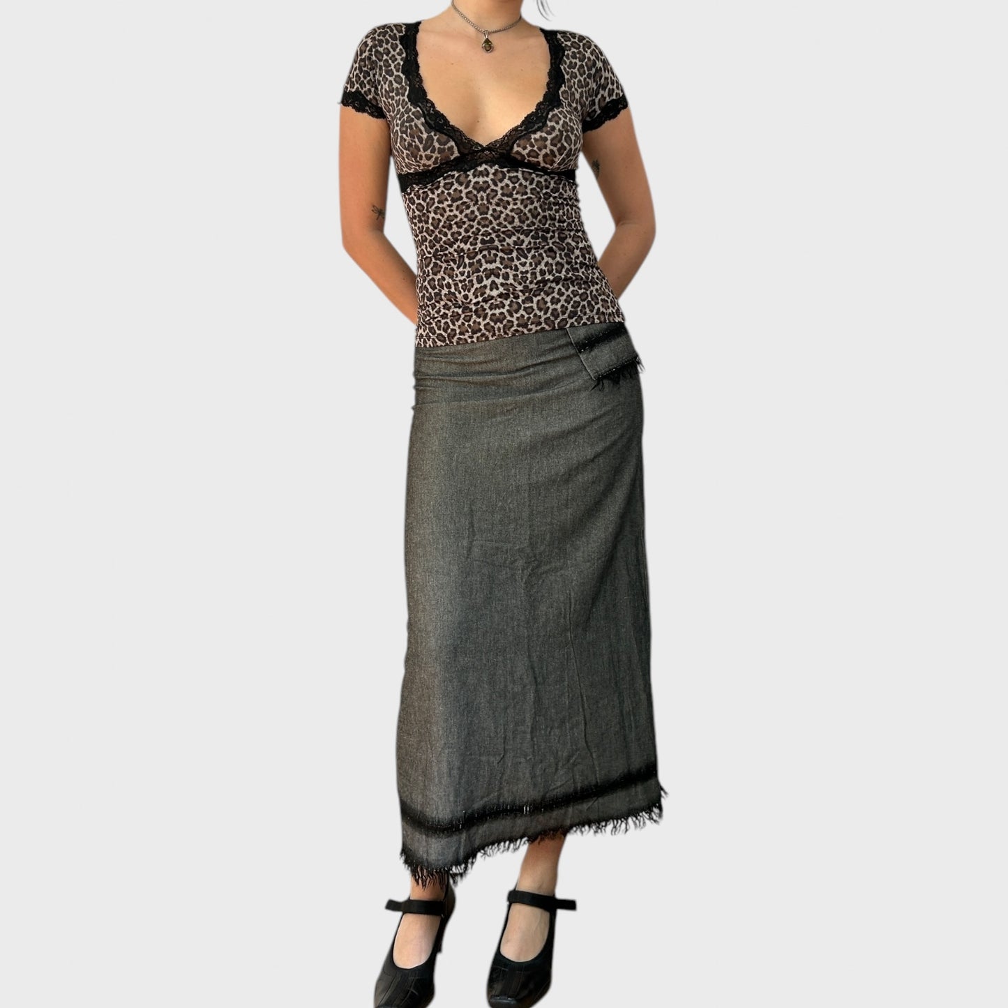 Cop Copine Grey Maxi Skirt with Frayed Hem and Pocket