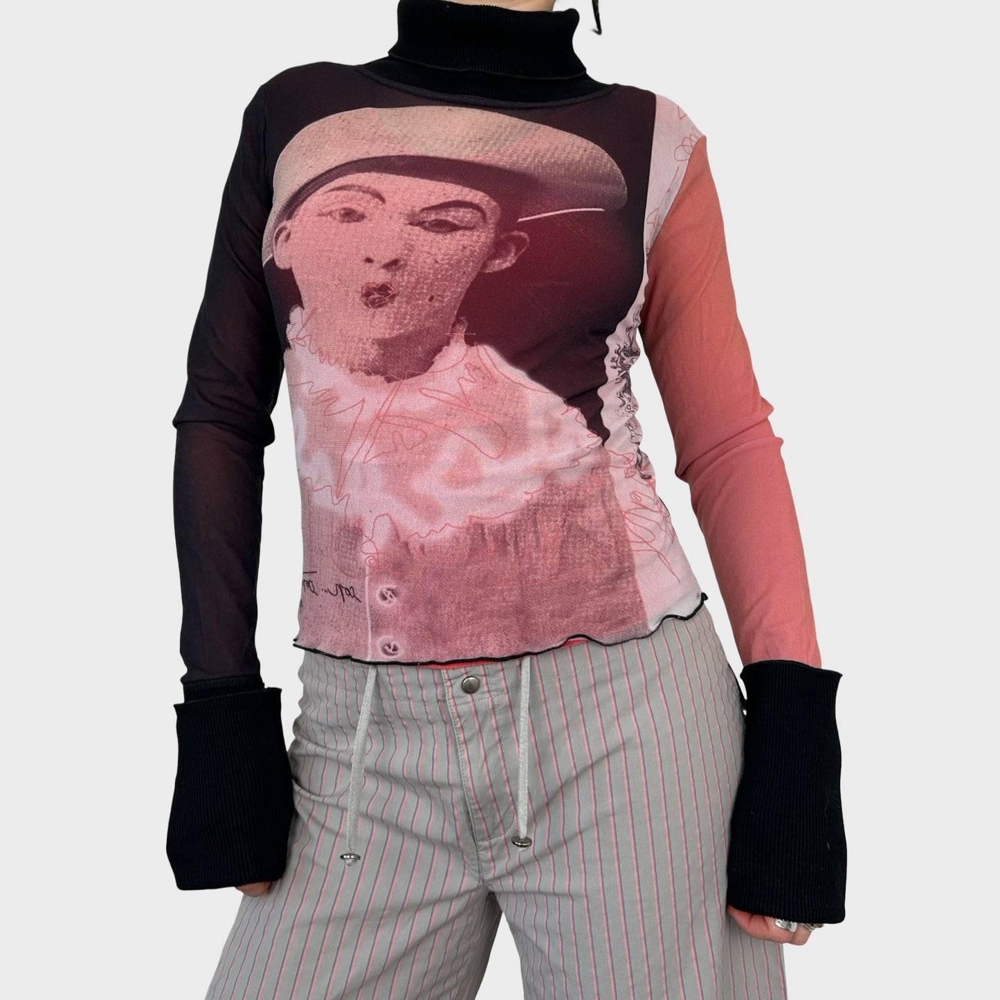 Rare Cop Copine Avant-Garde Clown Print Mesh Turtleneck Top - M