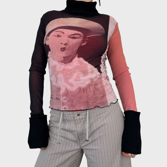 Rare Cop Copine Avant-Garde Clown Print Mesh Turtleneck Top - M