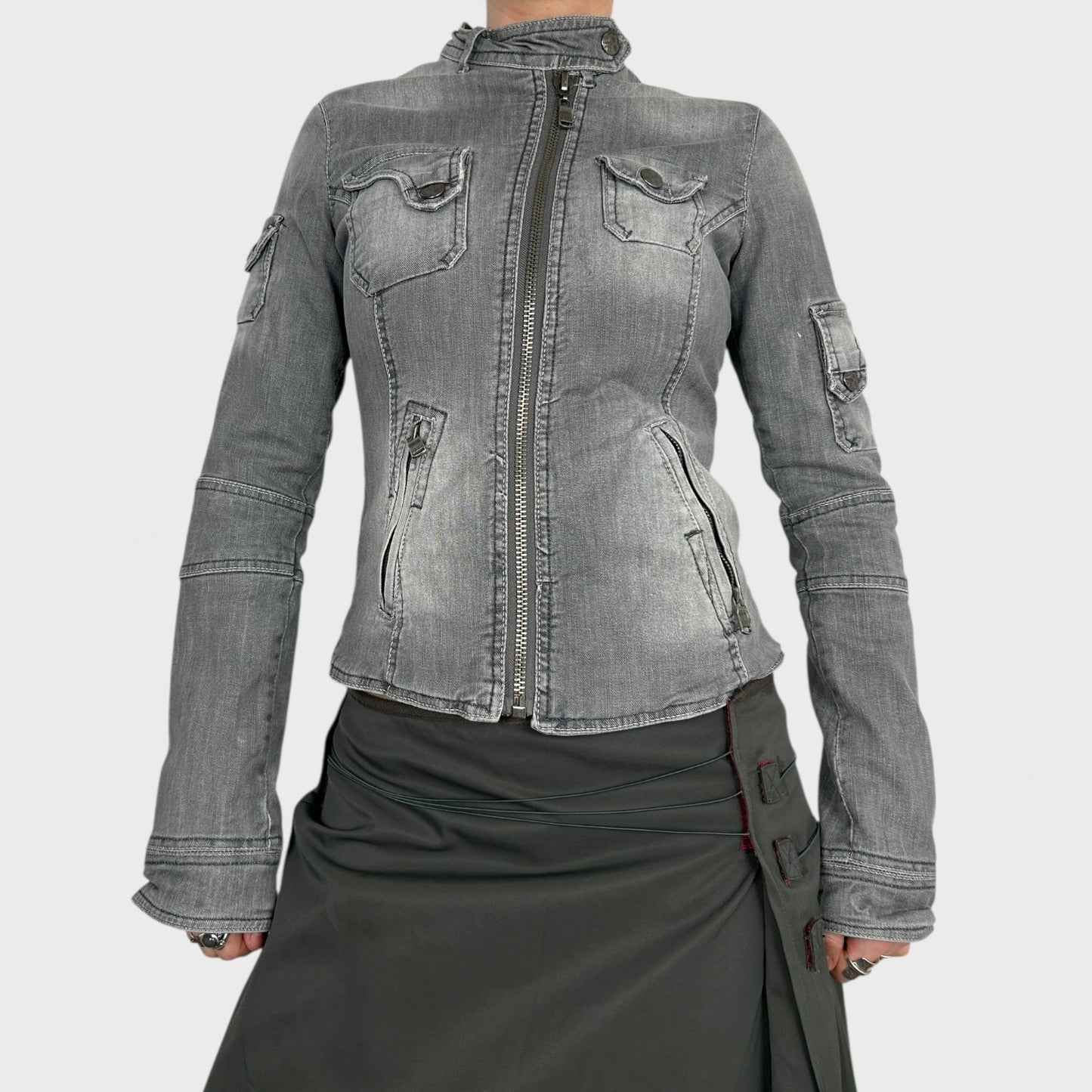 Vintage Grey Denim Zip Up Jacket - XS
