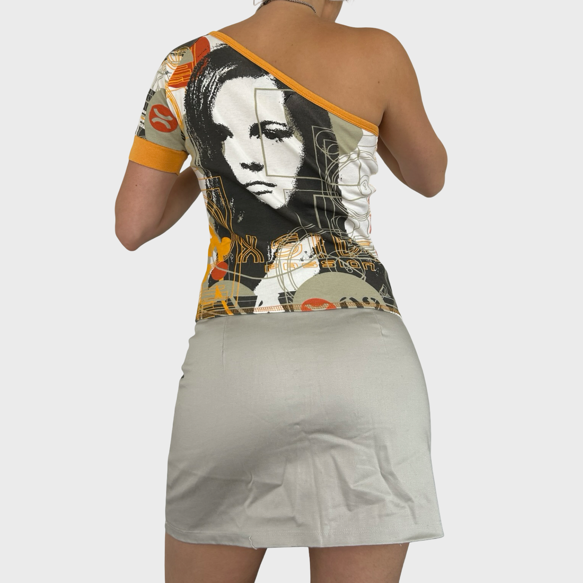 Vintage Graphic Face Print One Shoulder Top - S