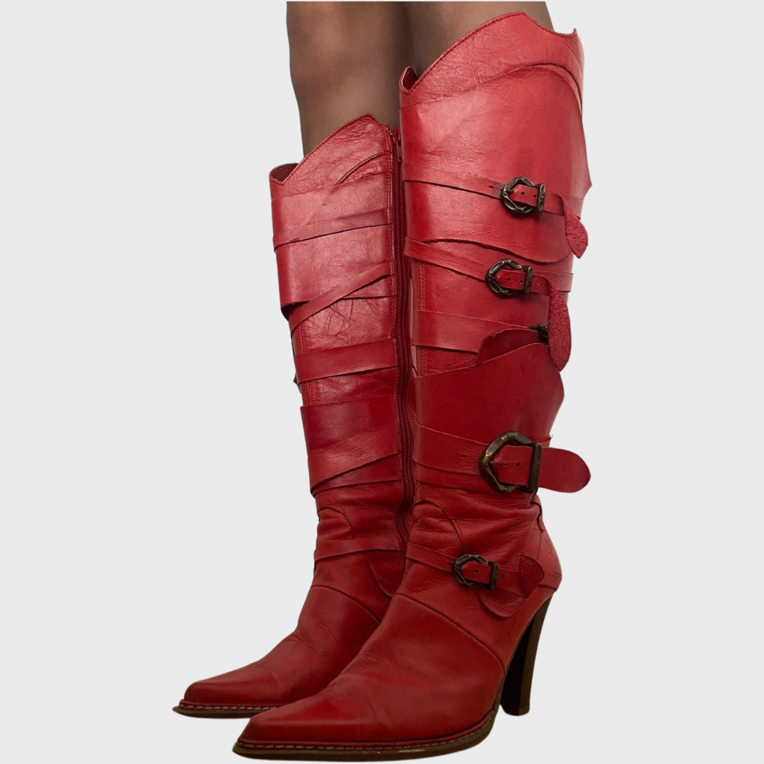 Destroy red leather buckle boots