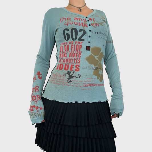 Cop Copine Blue Graphic Button Long Sleeve - M