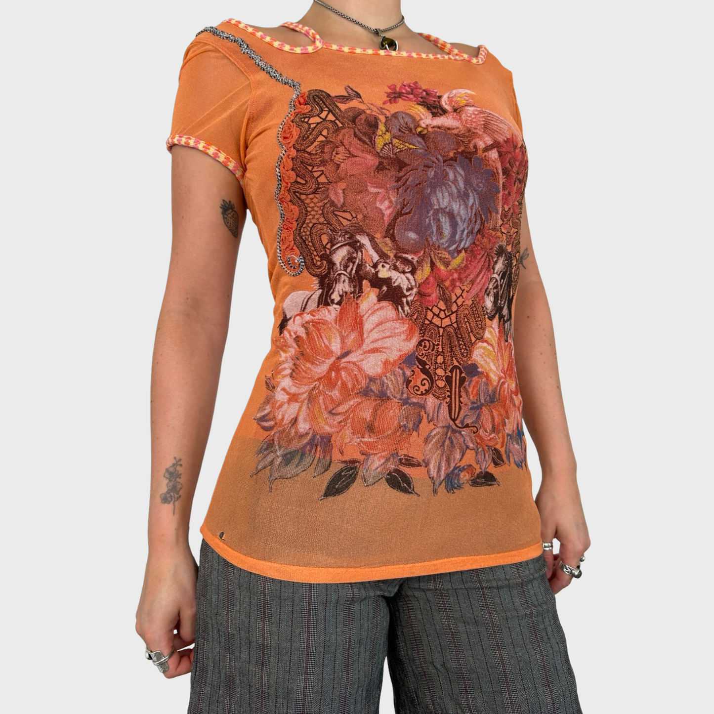 Save The Queen Orange Graphic Floral Mesh Top - M