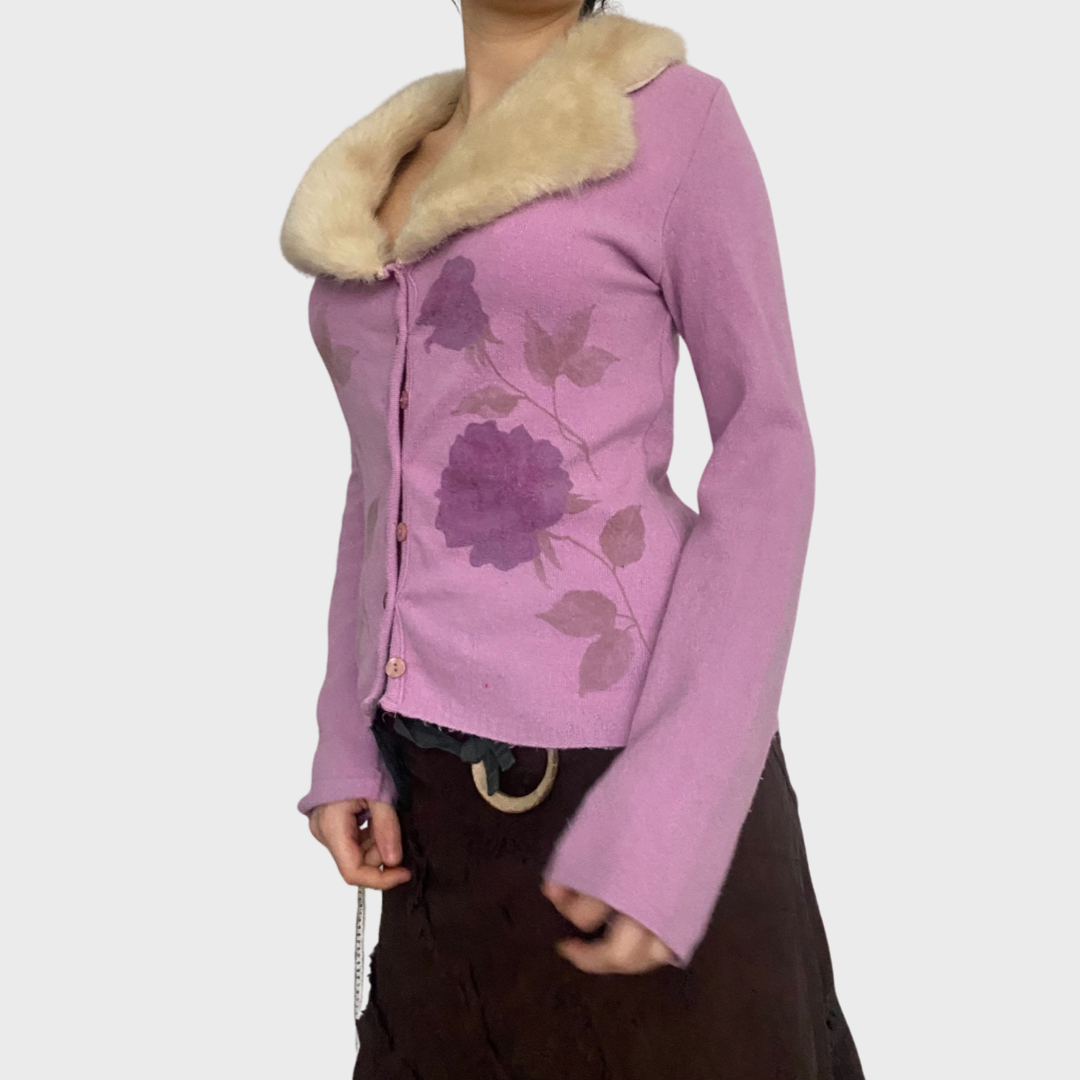 Italian vintage lilac fur trim cardigan