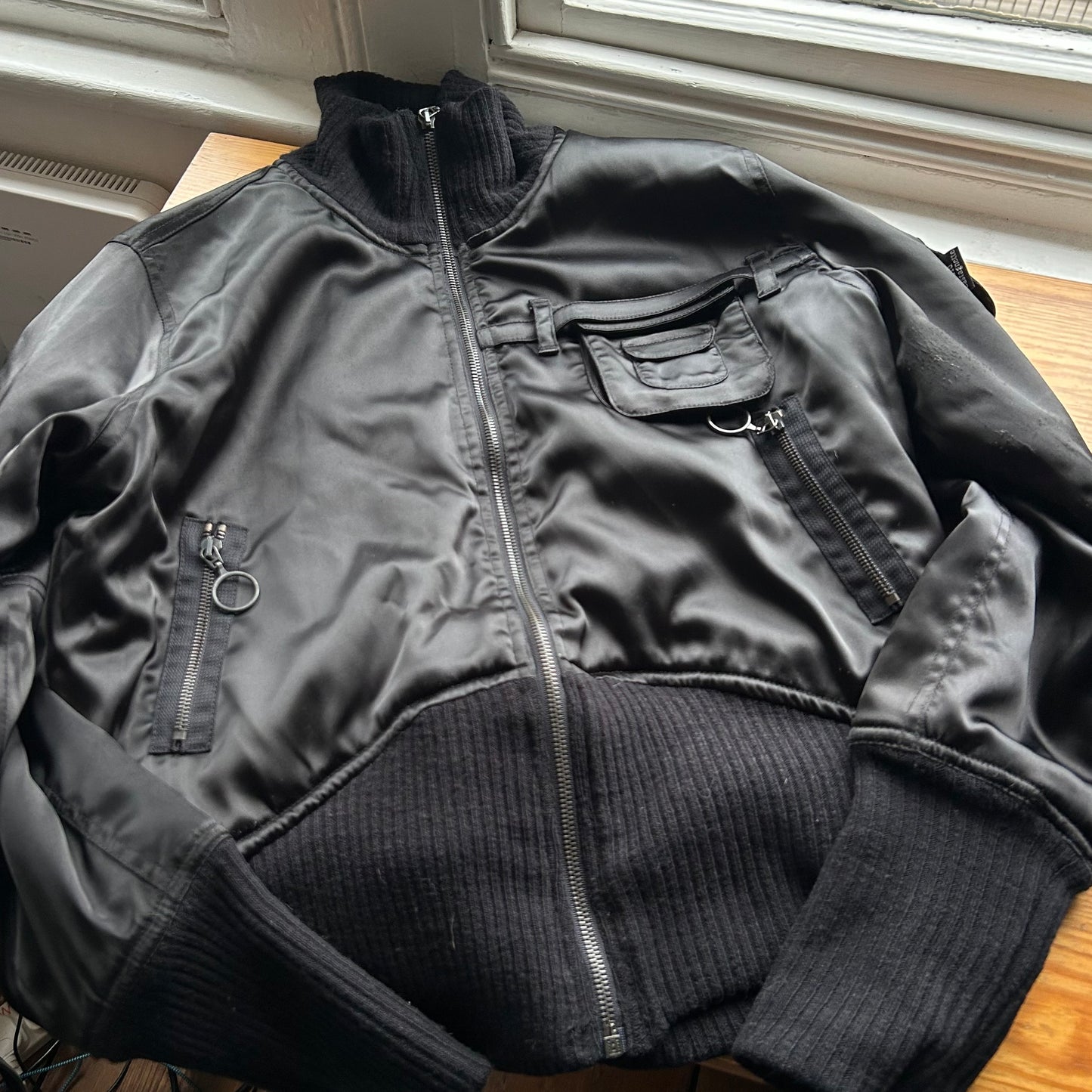 Black Satin-Look Bomber Jacket - L