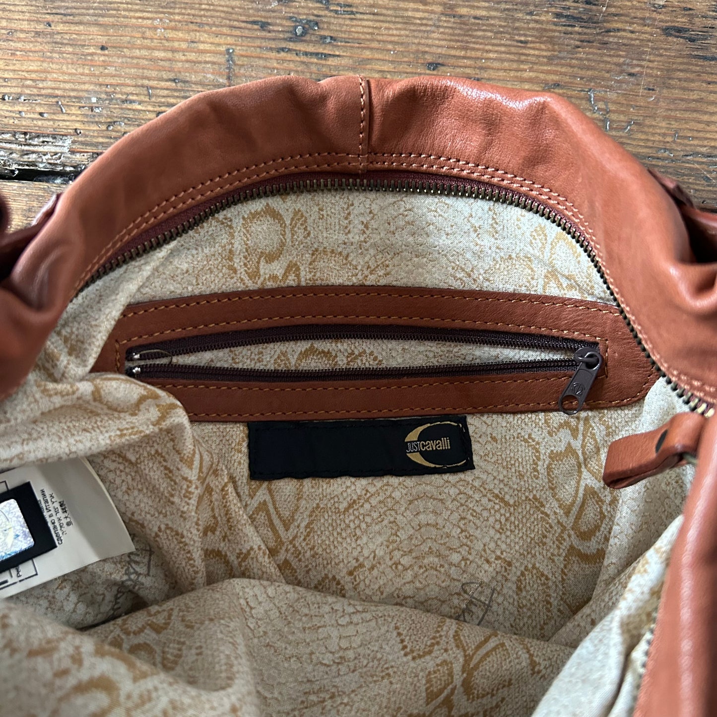 Roberto Cavalli 2000s Tan Leather Logo Shoulder Bag
