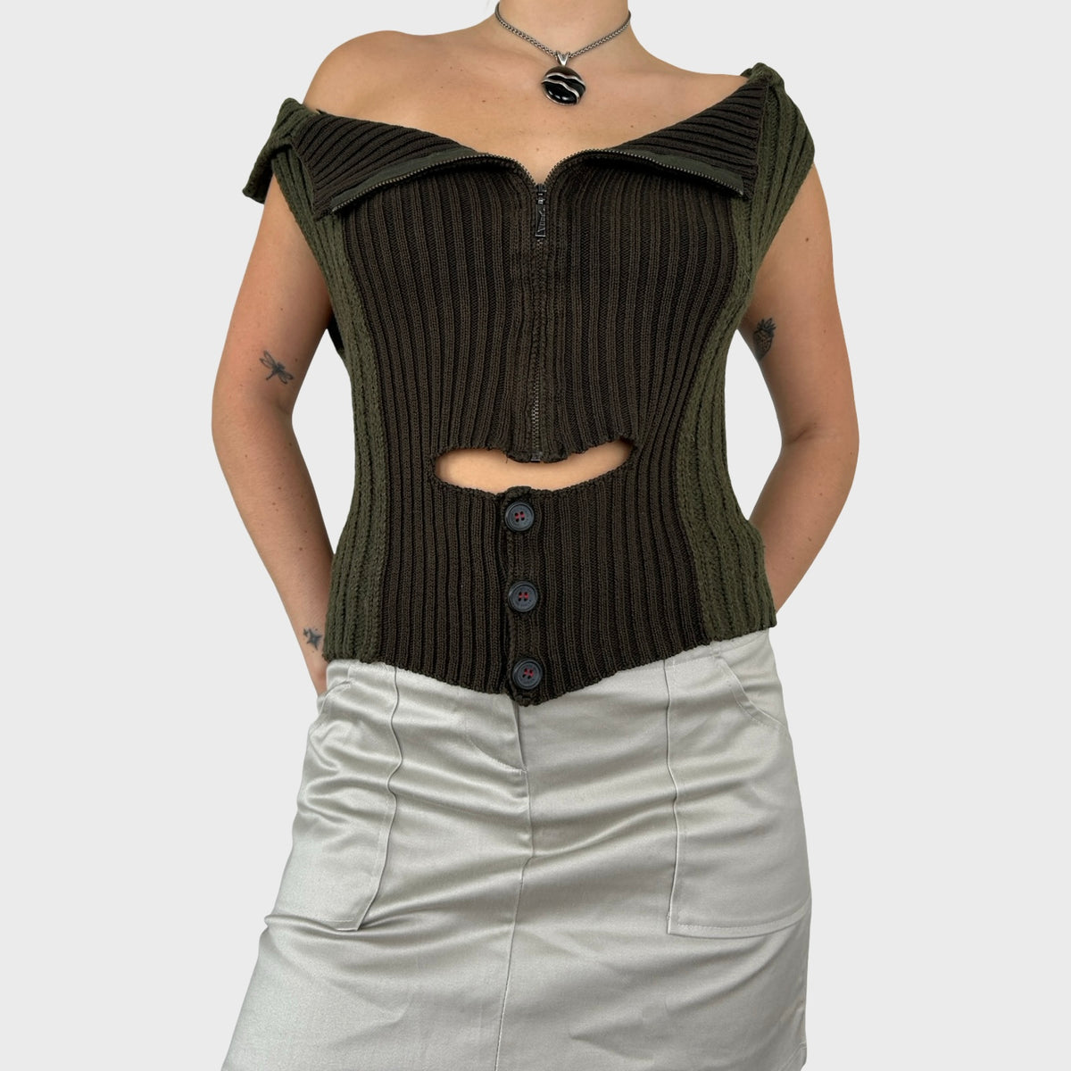 Cop Copine Khaki Zip Button Knit Top - L