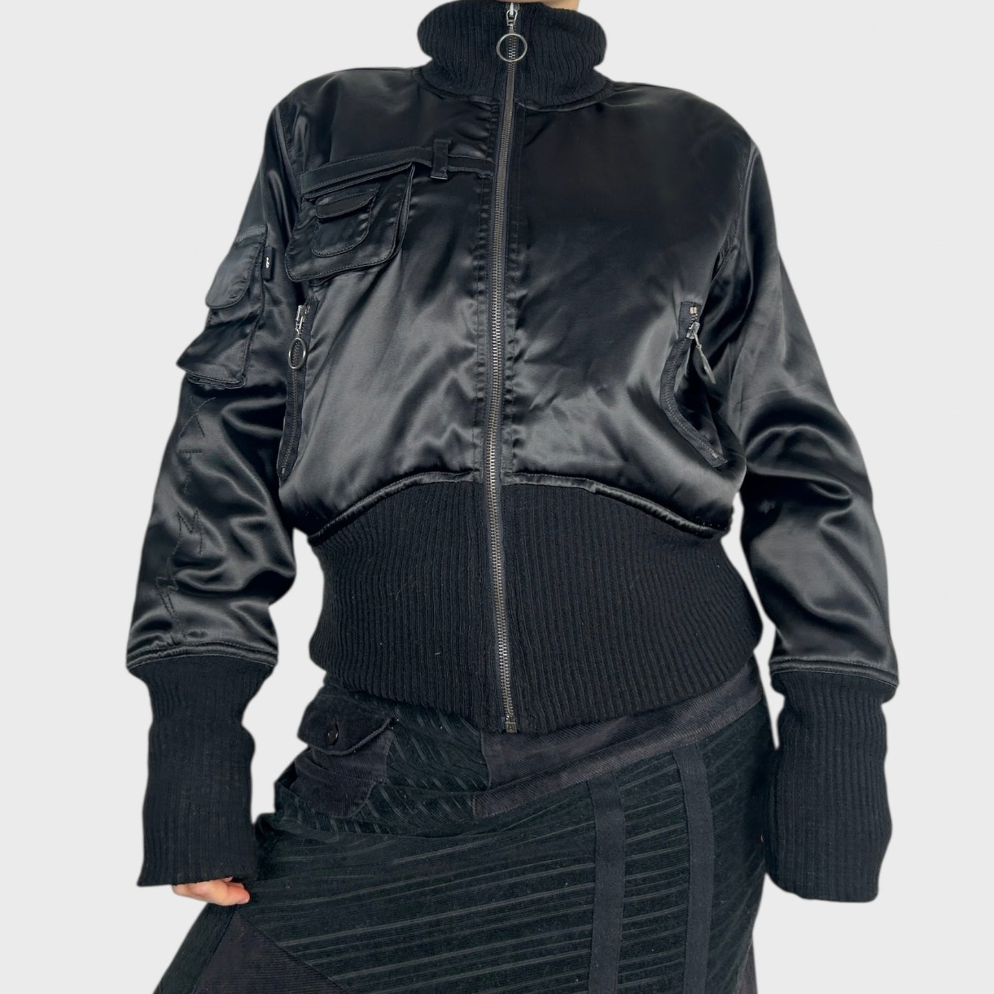 Black Satin-Look Bomber Jacket - L