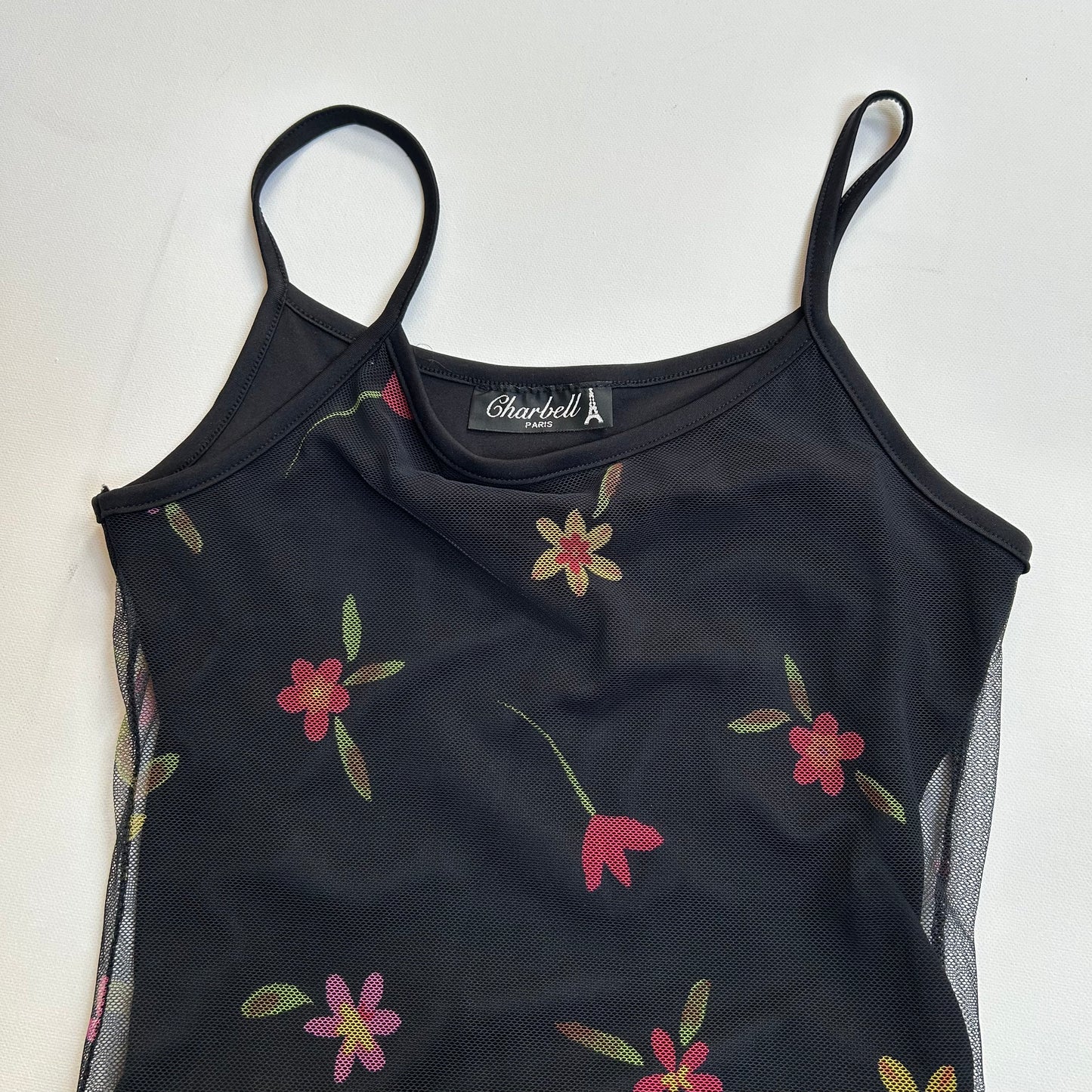90s Floral Mesh Overlay Black Mini Dress