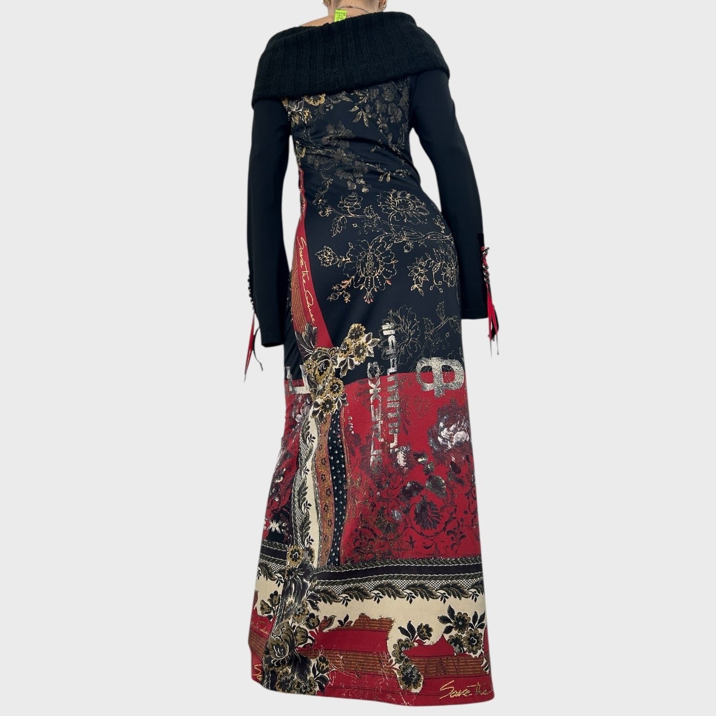 Rare 90s Archive Save The Queen Graphic Off-The-Shoulder Maxi Dress - M