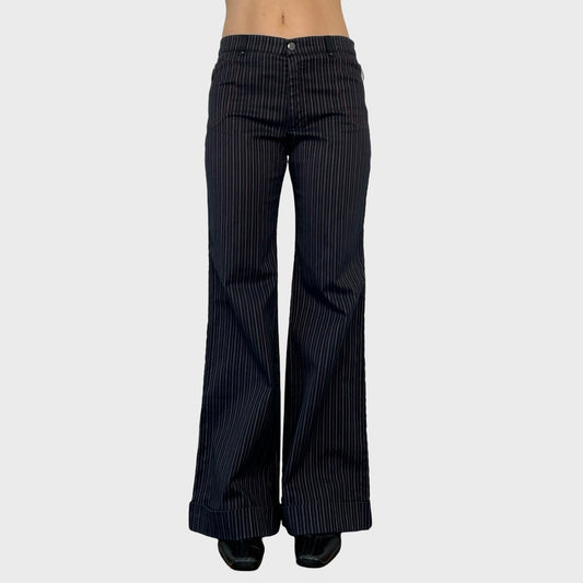 Cop Copine Navy Pinstripe Wide Leg Trousers - M/L