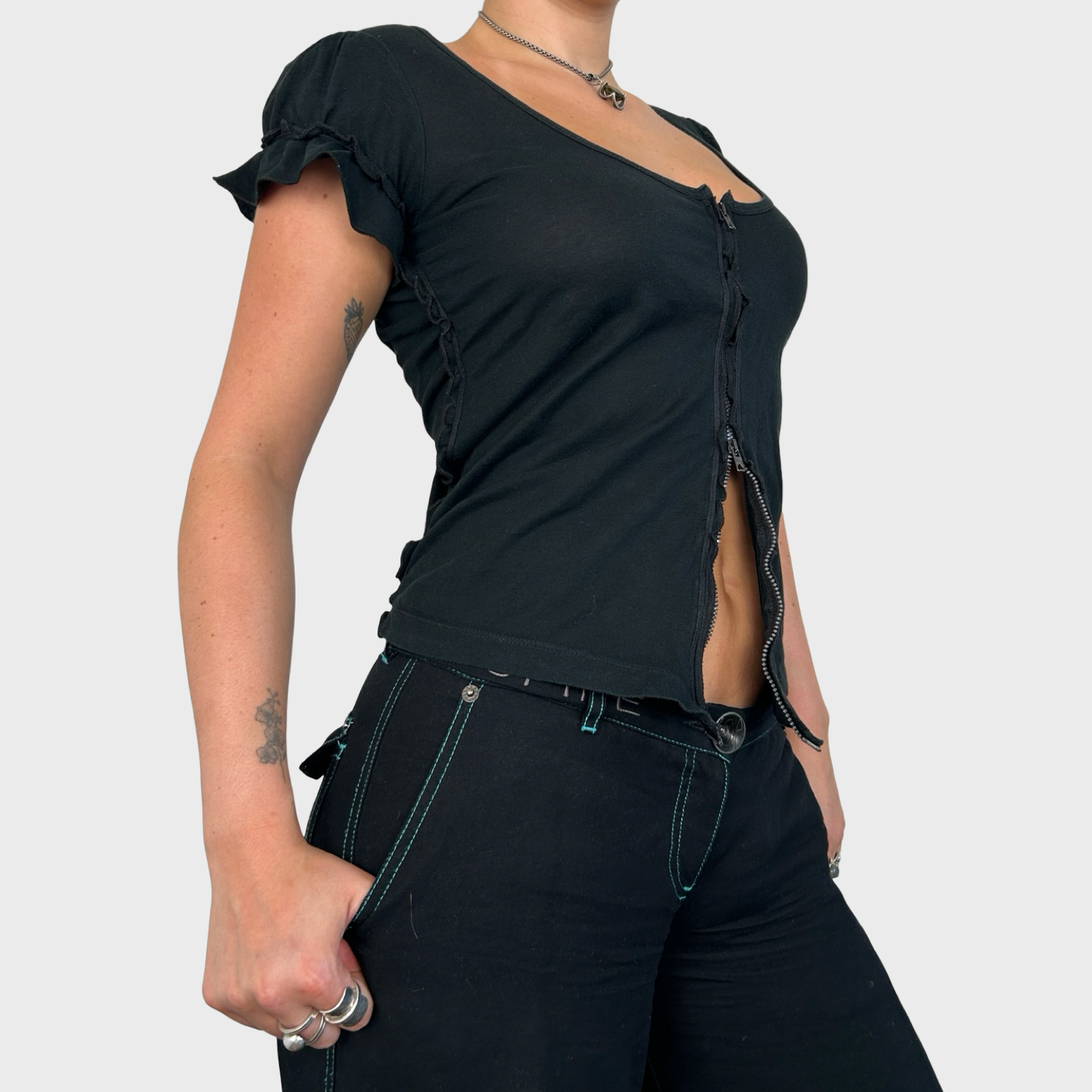 Cop Copine Black Ruched Double Zip Top - M