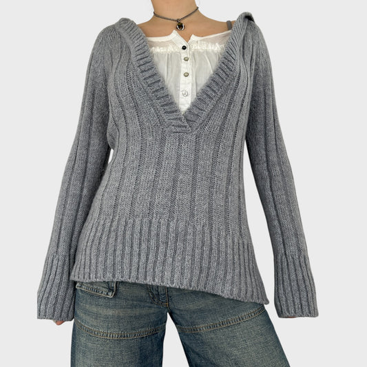 Cop Copine Grey Ribbed Knit Hooded Jumper - M