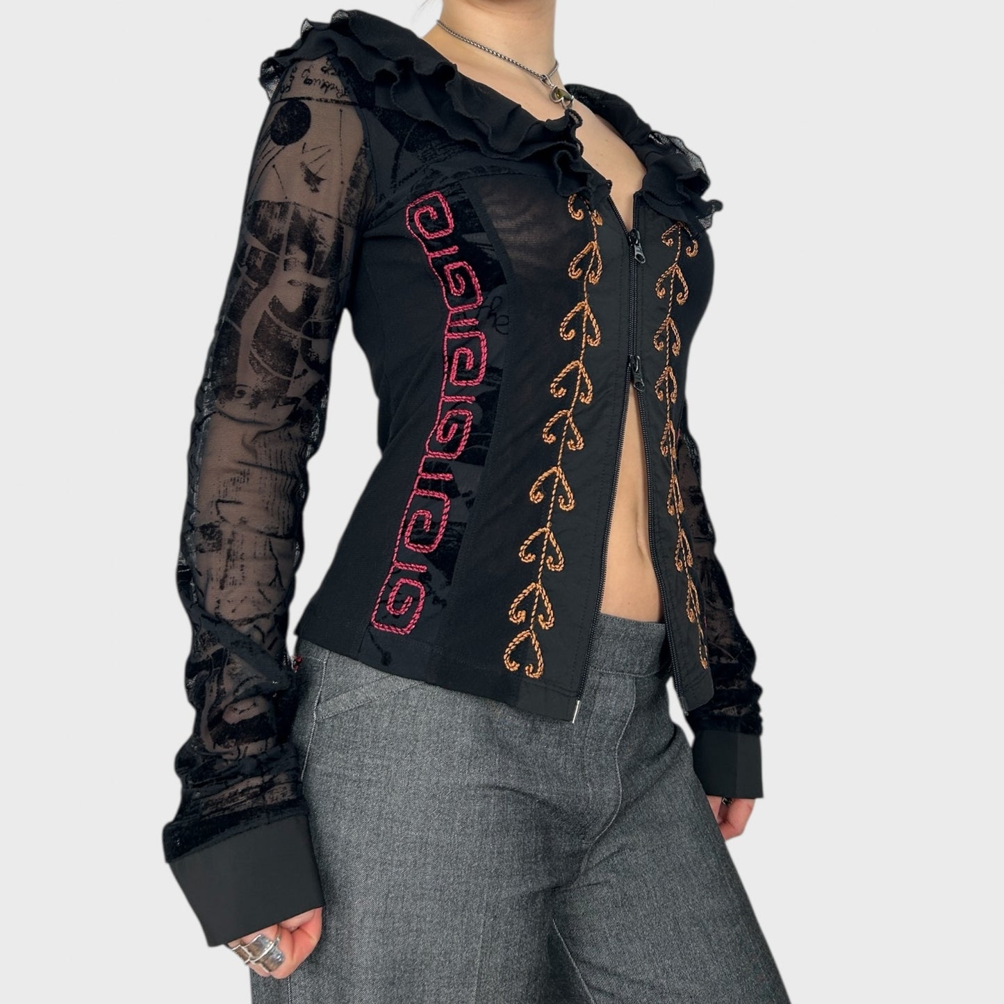 Save the Queen Double-Zip Long Sleeve Mesh Top