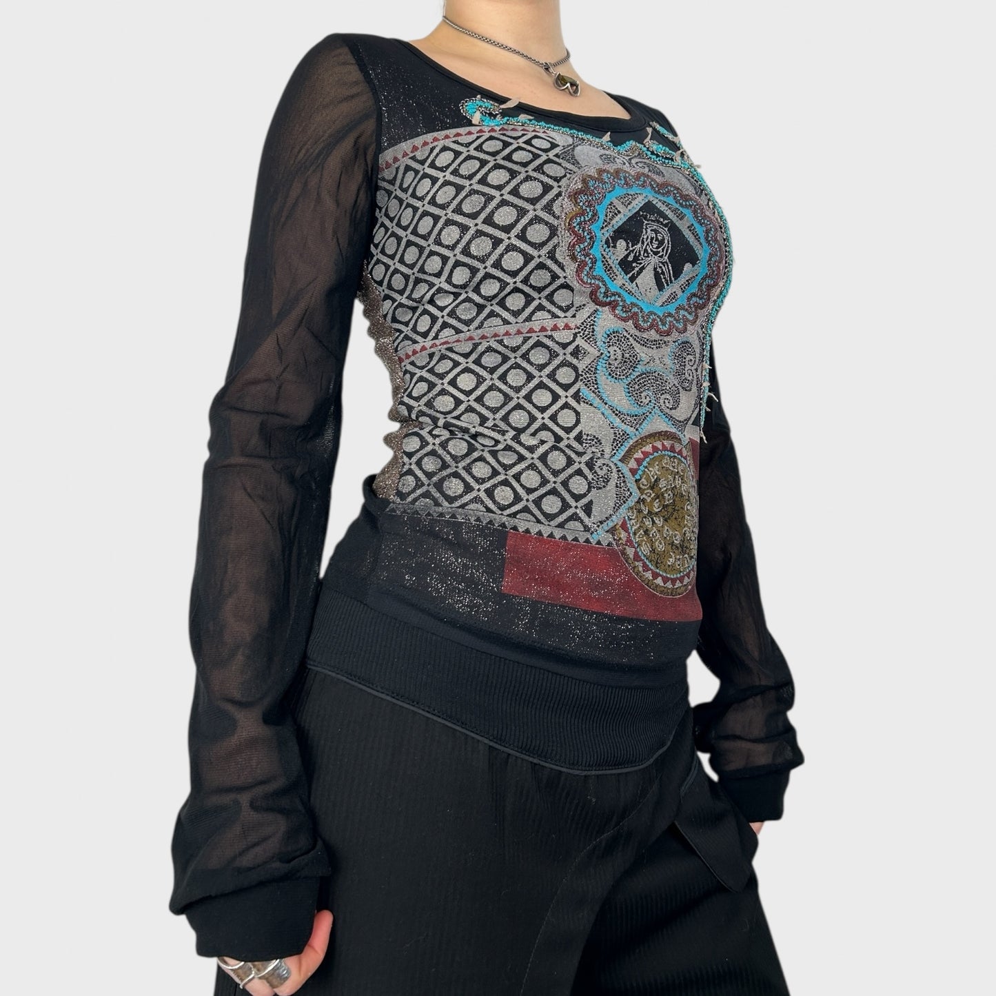 Save The Queen Graphic Mesh Long Sleeve Top - S