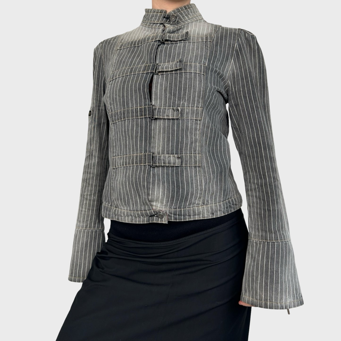 Vintage Grey Faded Striped Denim Jacket - M