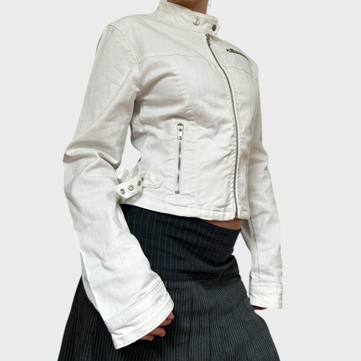 White Denim Zip-Up Jacket