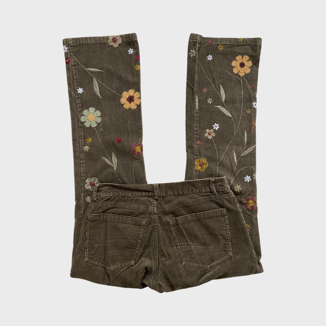 Brown corduroy floral embroidered trousers