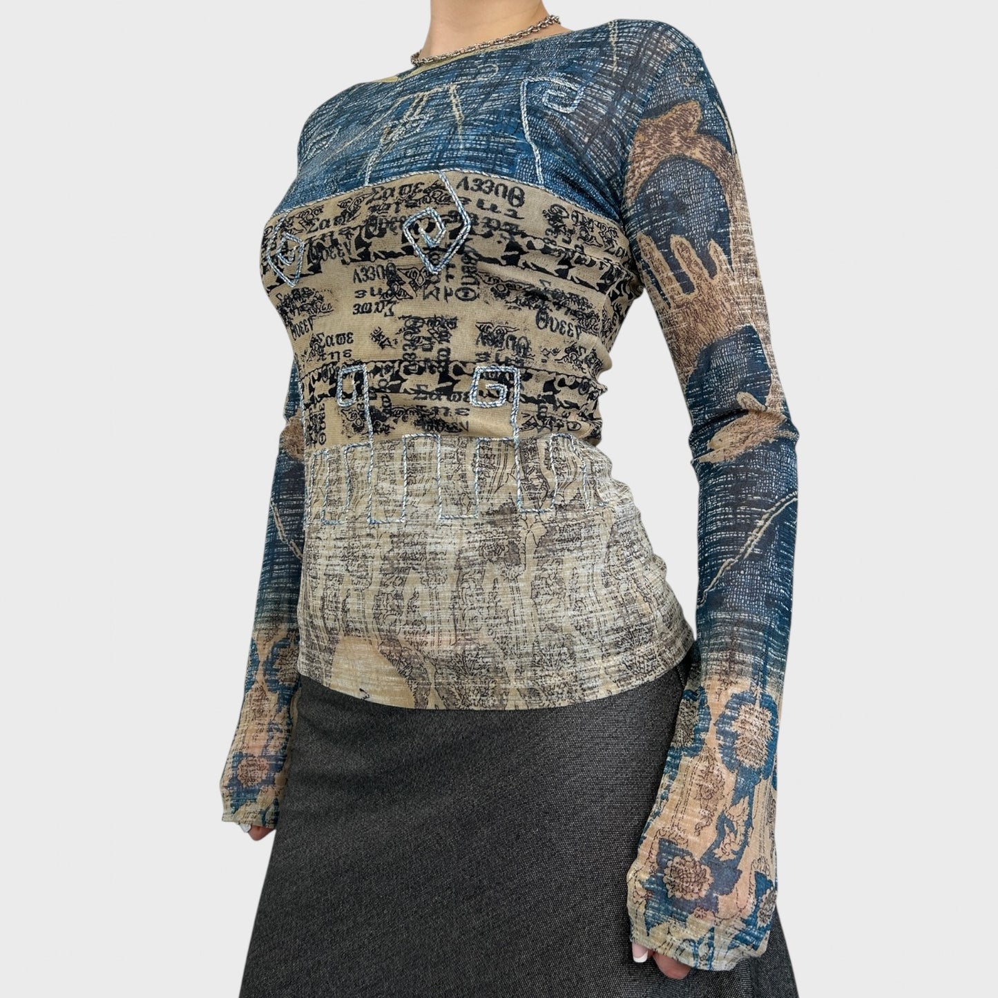 Save the Queen Blue Graphic Long Sleeve Mesh Top - S/M