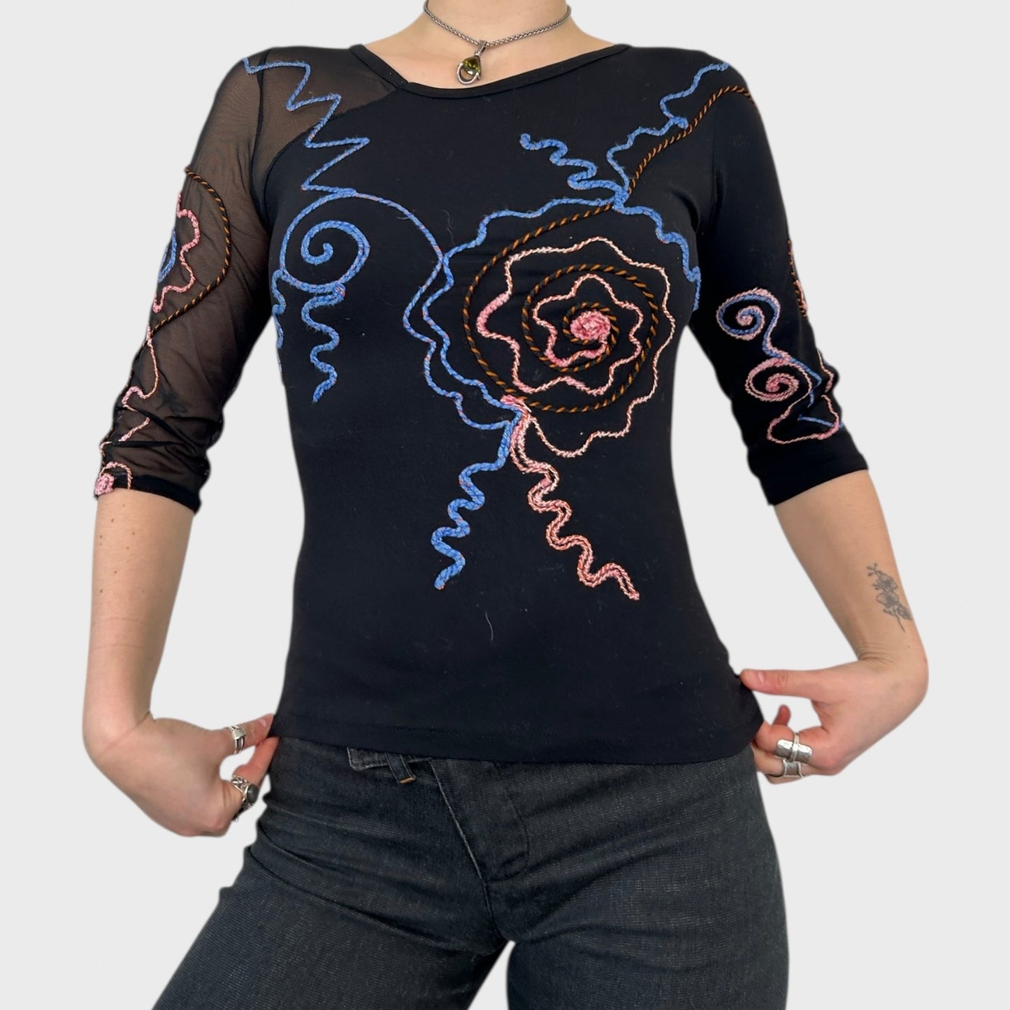 Save the Queen Black Bi-Material Mesh Swirl Top - S