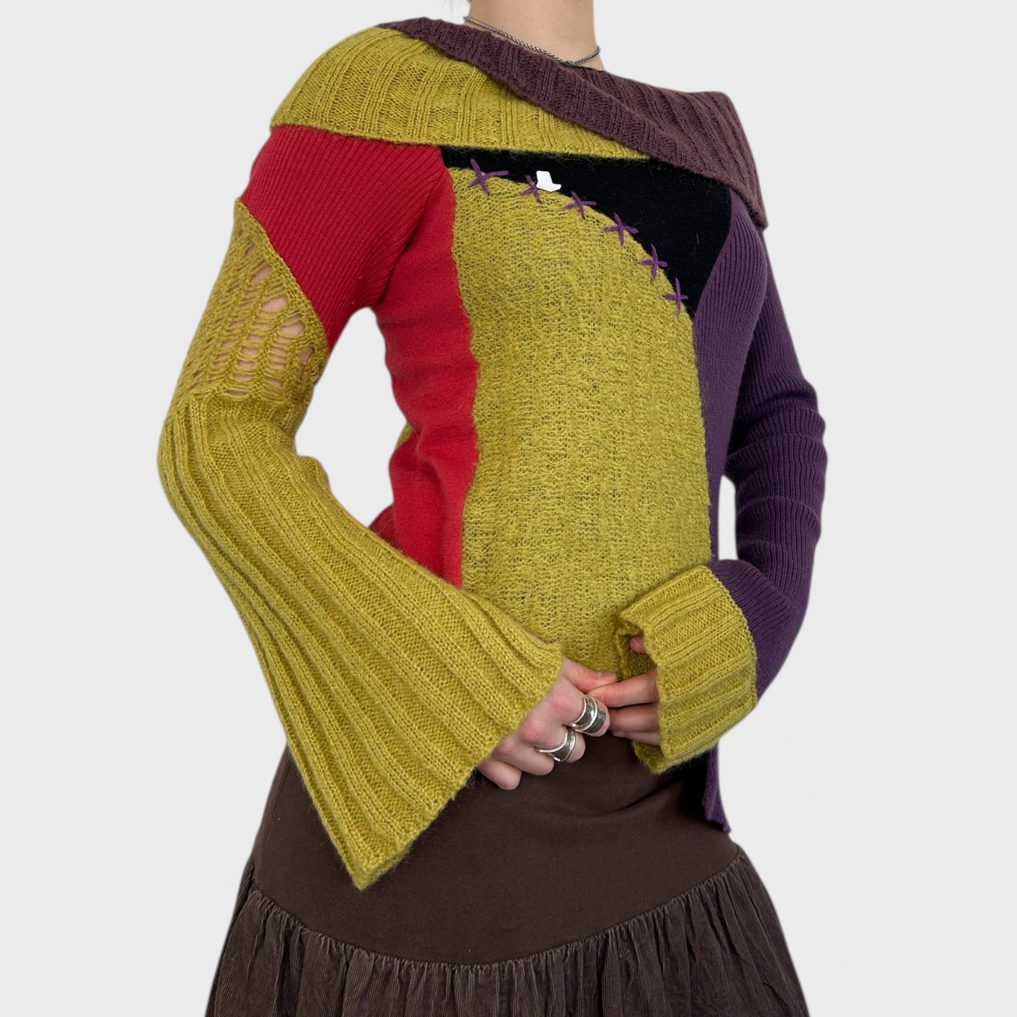 Save the Queen Block Colour Wide Neck Knit Jumper - M/L