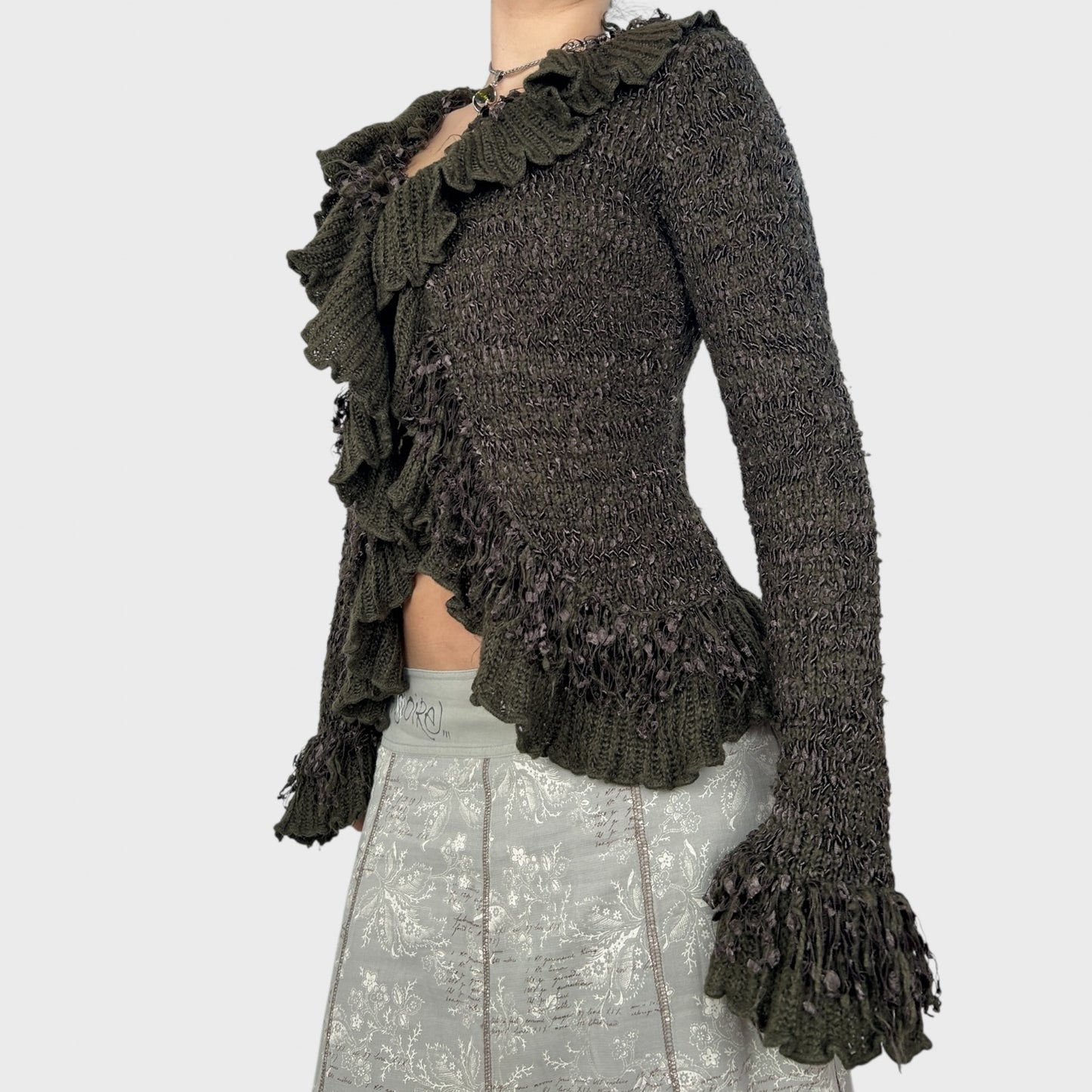 Brown Frilly Knit Cardigan - S