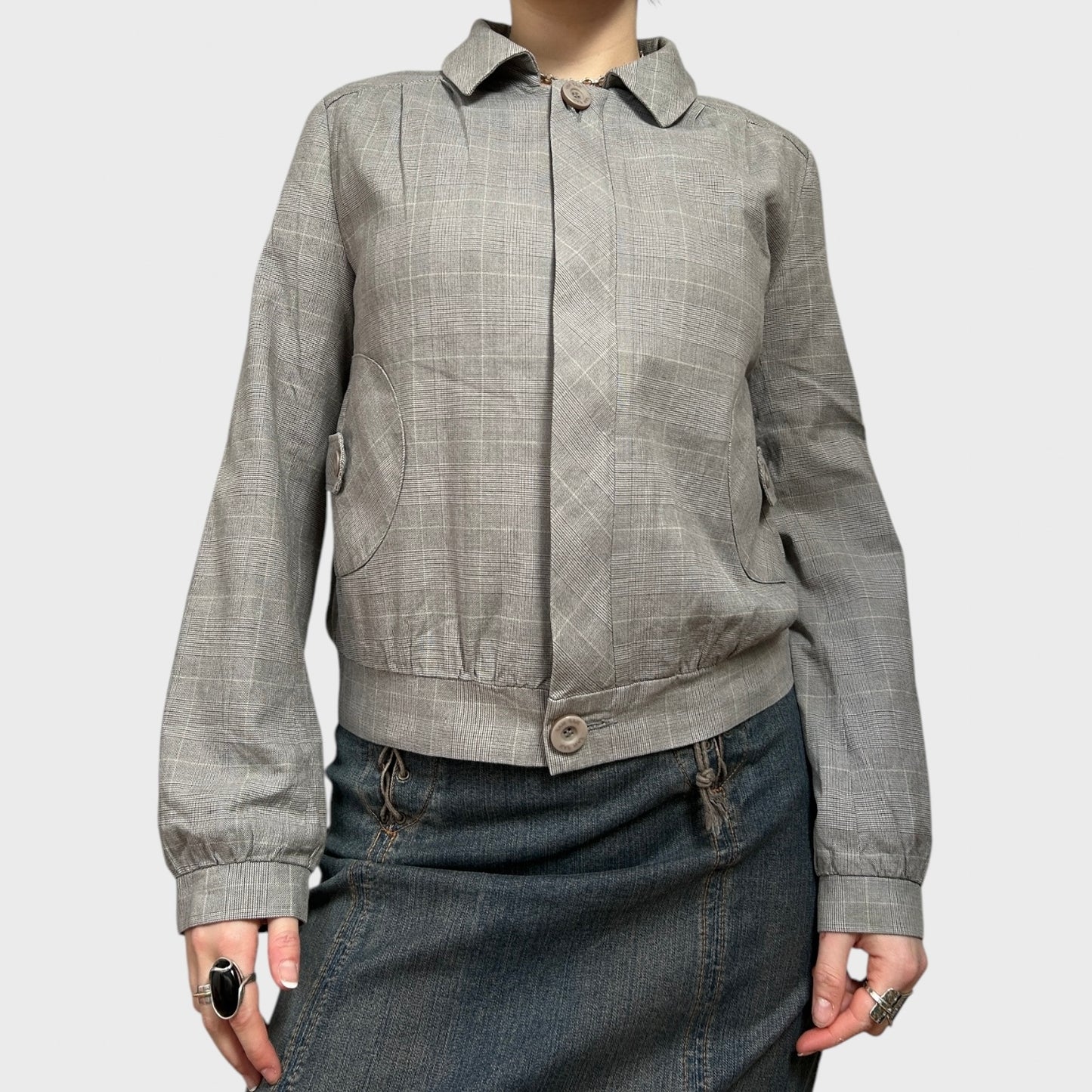 Grey Checkered Zip-Up Collared Bomber Jacket
