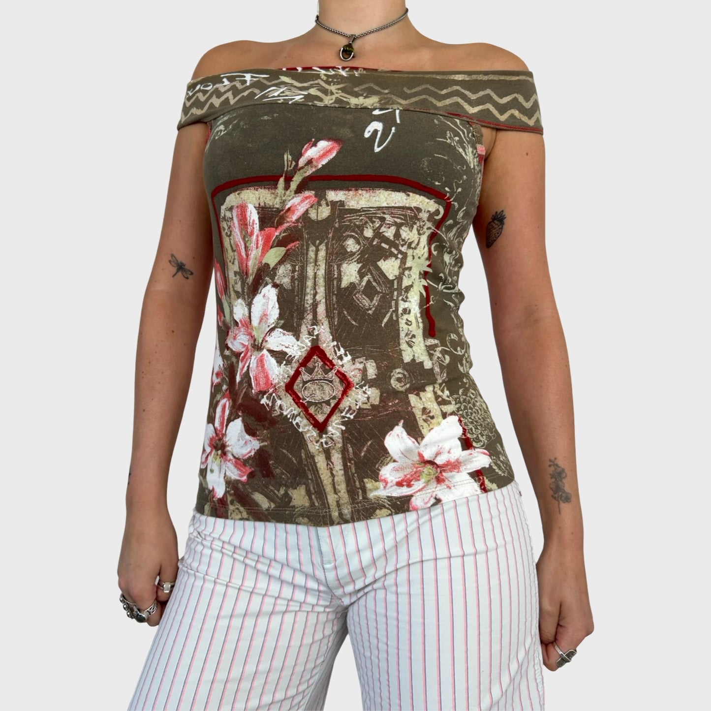 Save The Queen Off Shoulder Graphic Bi-Material Mesh Top - S/M